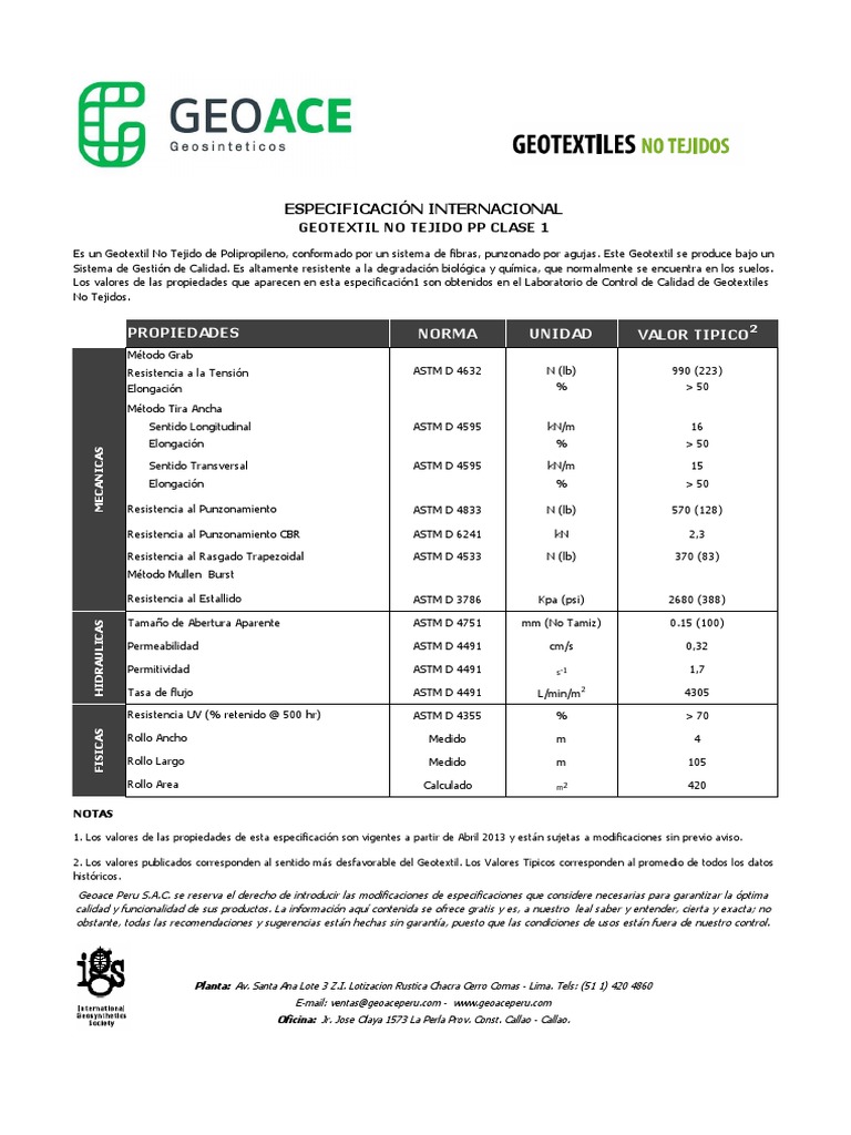 Especificaciones Geotextil Clase 1 | PDF