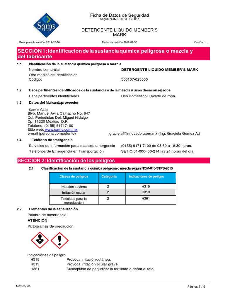 Ficha de Seguridad: Detergente Líquido Member's Mark | PDF | Agua ...