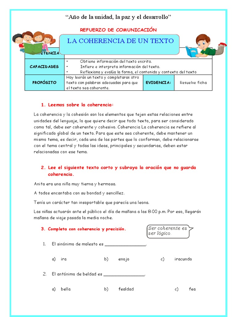 Ejercicios de coherencia para primaria | PDF | Ficción general