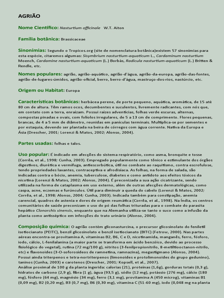 Nome Científico do Agrião: Nasturtium officinale | PDF