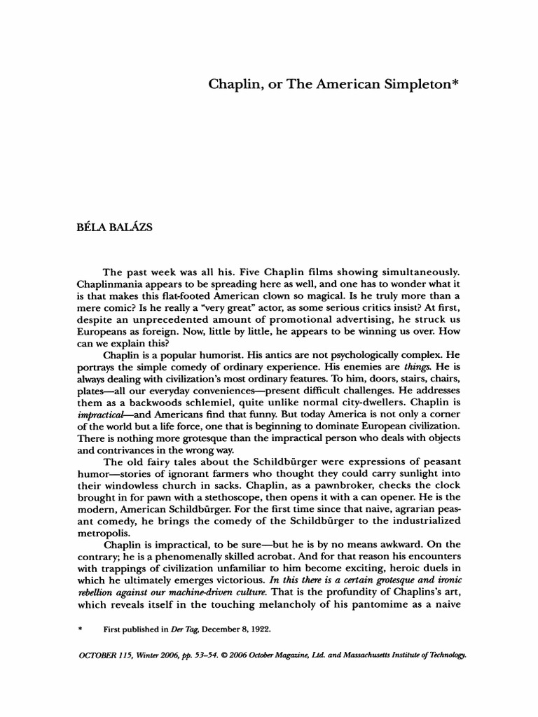 Béla Balázs - Chaplin, or The American Simpleton (1922) | PDF