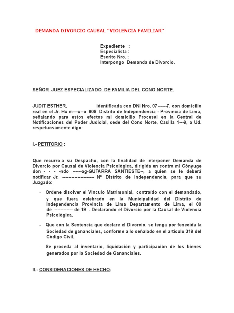 Modelo de Demanda de Divorcio Por Causal | PDF | Divorcio | Demanda