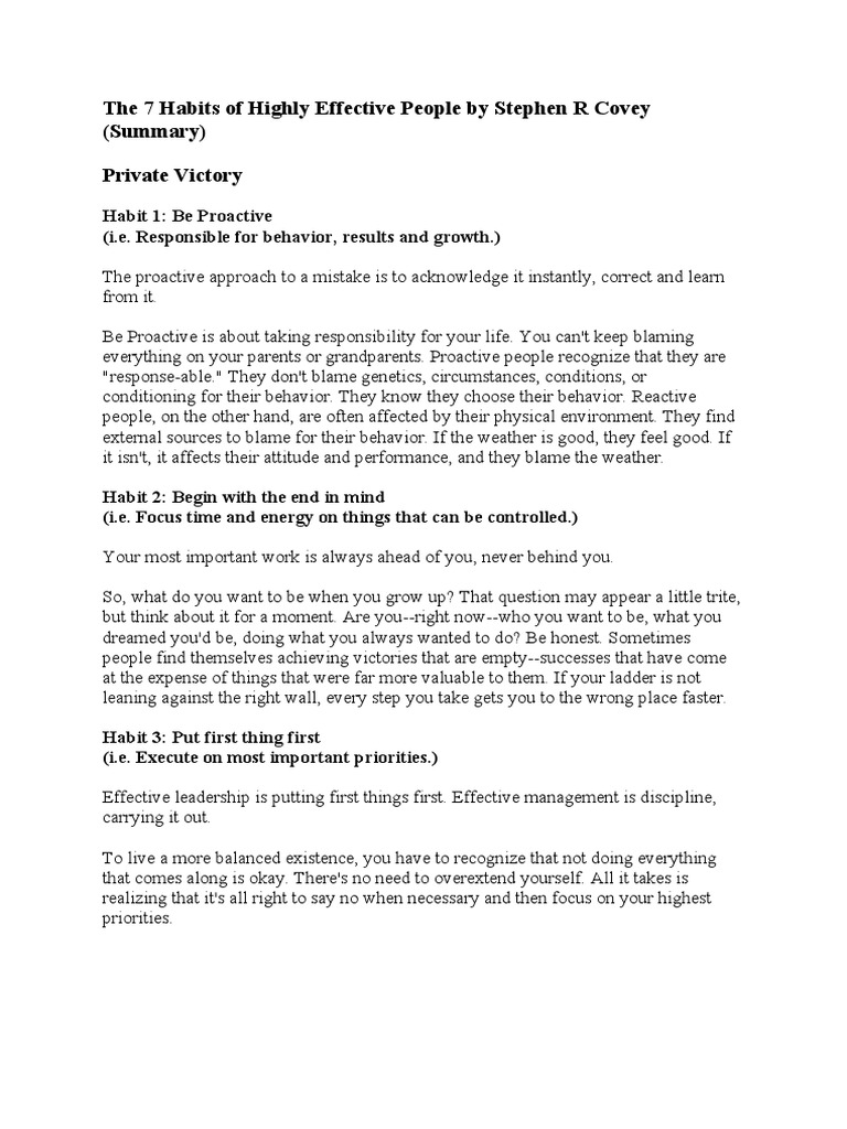 Summary of 7 Habits of Effective People | PDF | Behavioural Sciences ...