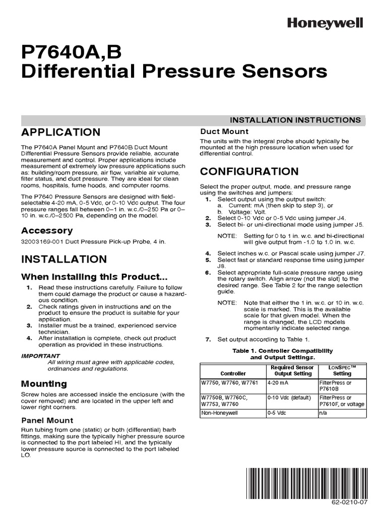 P7640A, B Differential Pressure Sensors: Application | PDF | Power ...
