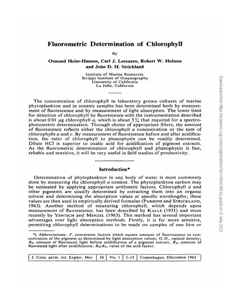 Fluorometric Determination of Chlorophyll PDF Chlorophyll
