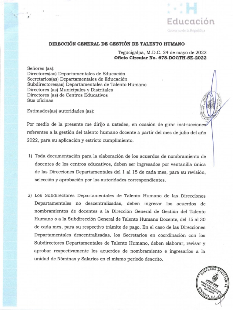 Oficio Circular N°678-Dgth-Se-2022 - 220531 - 190316 | PDF