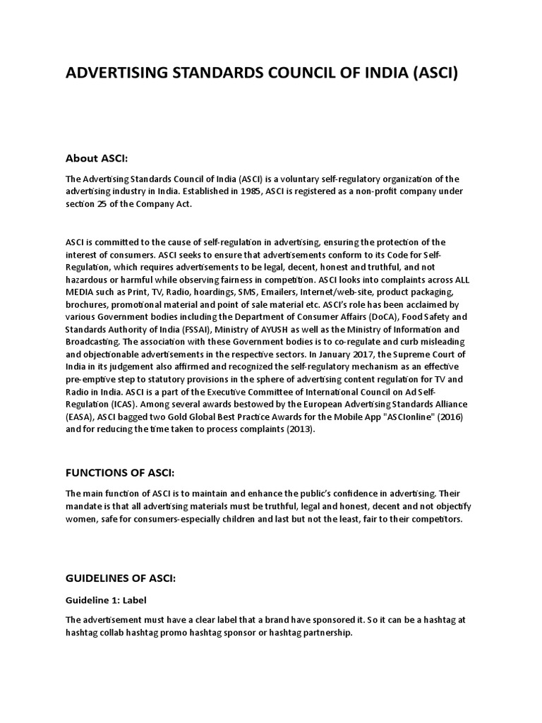ASCI Guidelines for Ethical Advertising | PDF | Marketing | Public Sphere