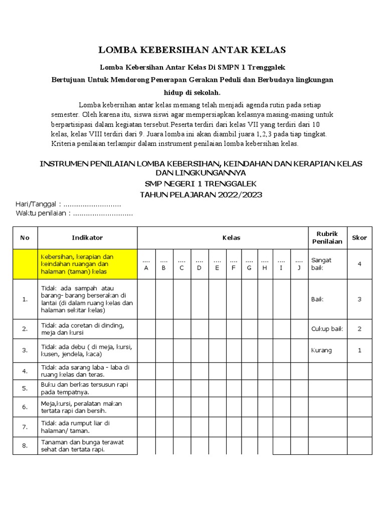 New Instrumen Lomba Kebersihan Kelas Pdf