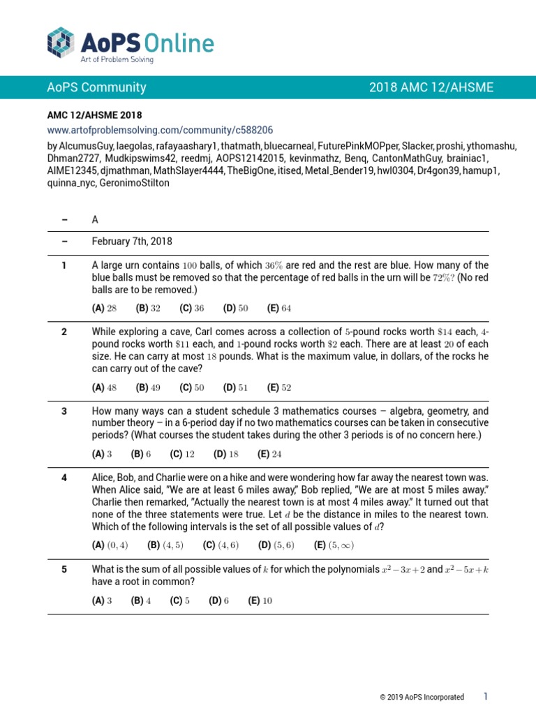 Aops Community 2018 Amc 12/ahsme PDF Triangle Area