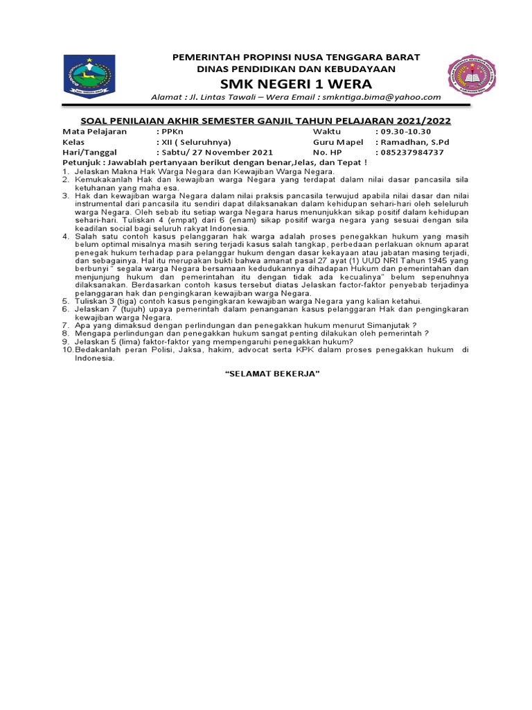 Jawaban Soal PPKN Kelas 12 Semester Ganjil