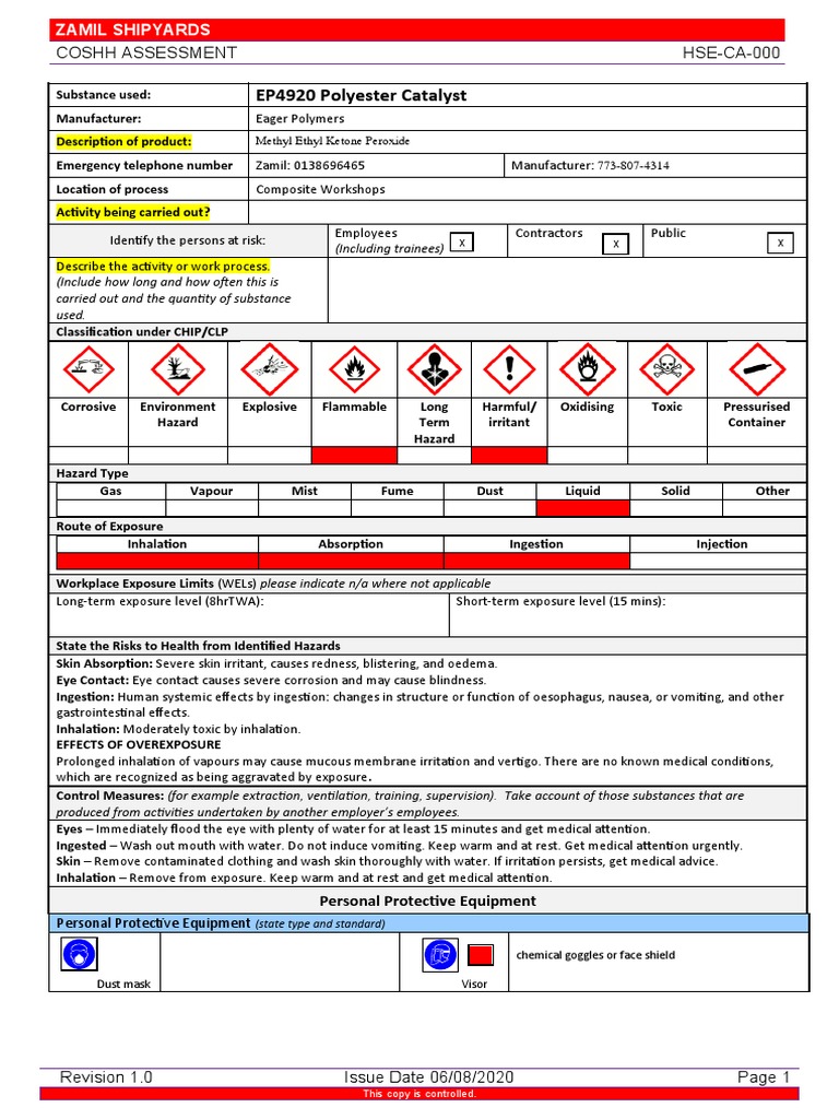 COSHH Assessment for EP4920 Catalyst | PDF | Personal Protective ...