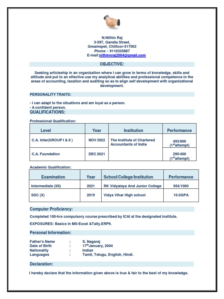 Nithin Raj's CV for Articleship Opportunity | PDF