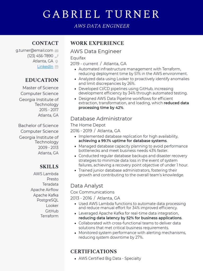 Aws Data Engineer Resume Example | PDF | Amazon Web Services | Databases