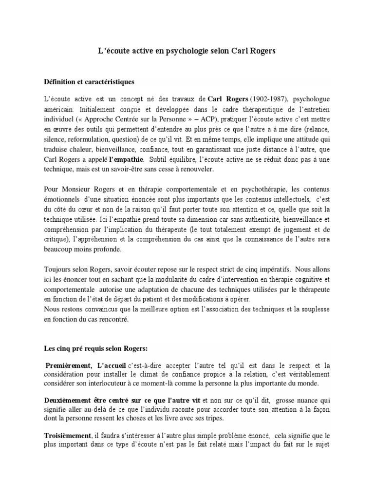 Écoute active selon Carl Rogers | PDF | Psychothérapie | Empathie