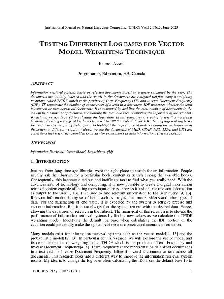 Testing different log bases for vector model weighting technique pdf