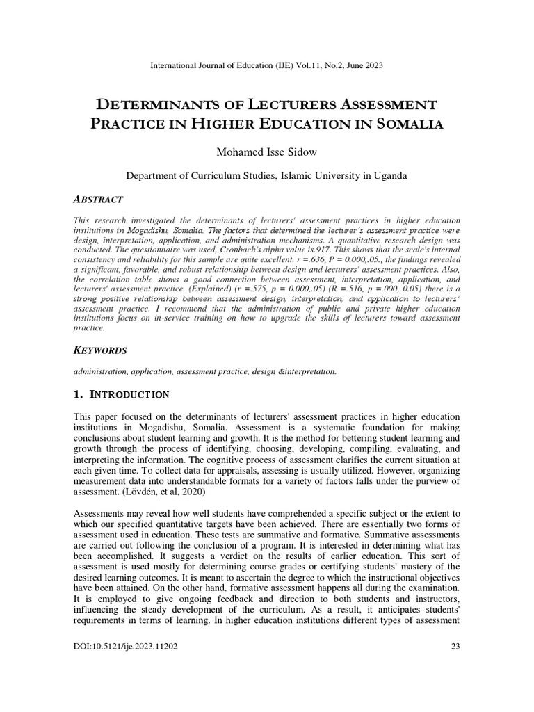 Determinants of Lecturers Assessment Practice in Higher Education in
