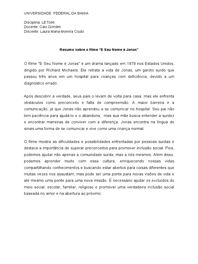 Meu Nome é Jonas - Resumo | PDF