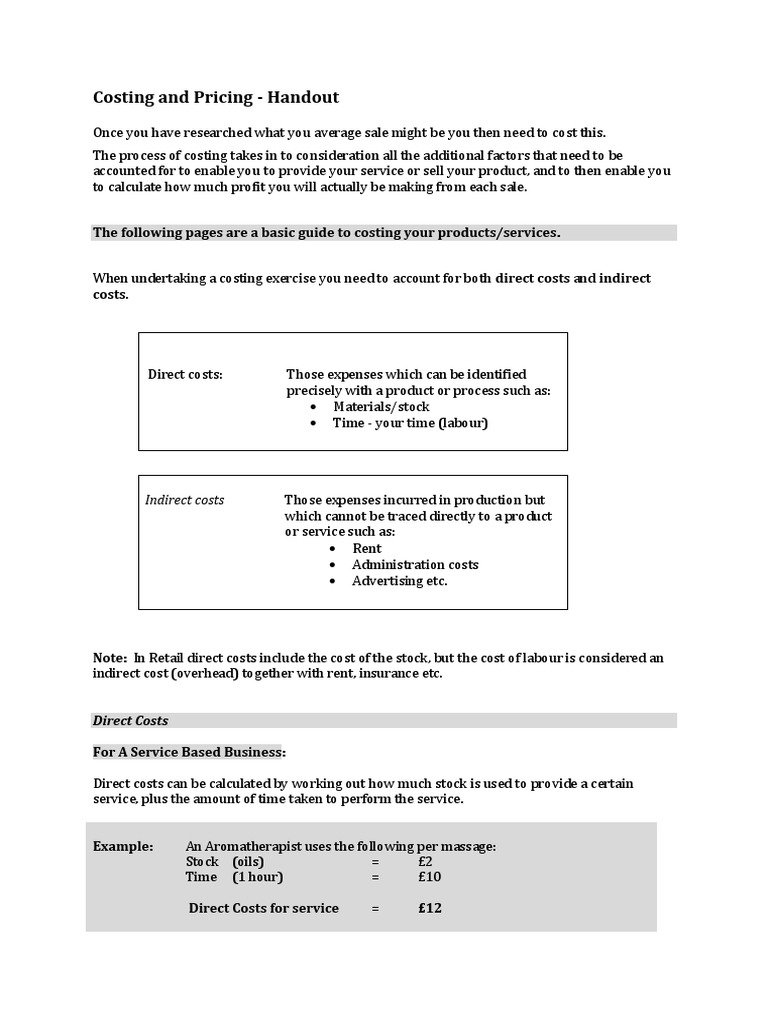 Costing And Pricing Worksheet Pdf Cost Profit Economics