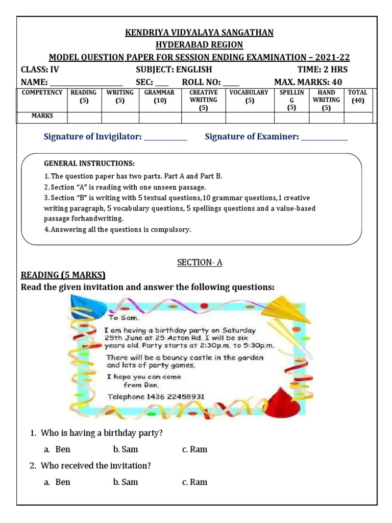 Class IV English Exam Paper 2021-22 | PDF | Word | Linguistics