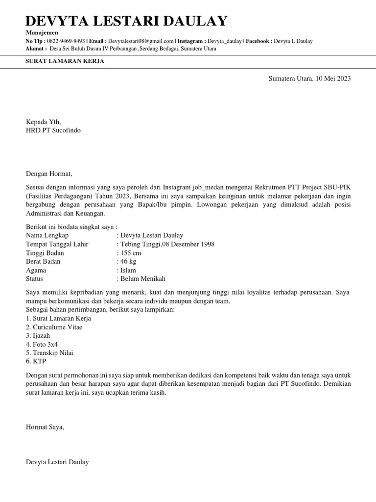 Surat Lamaran Kerja PT - Sucofindo | PDF