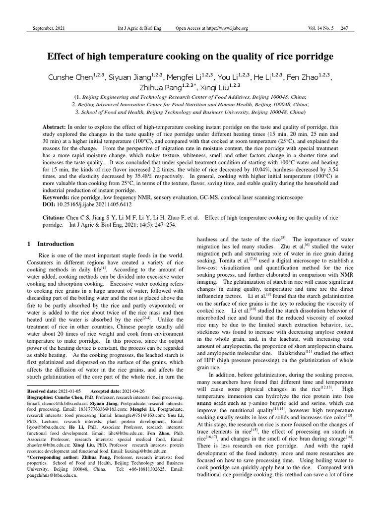 Effect of High Temperature Cooking On The Quality of Rice Porridge
