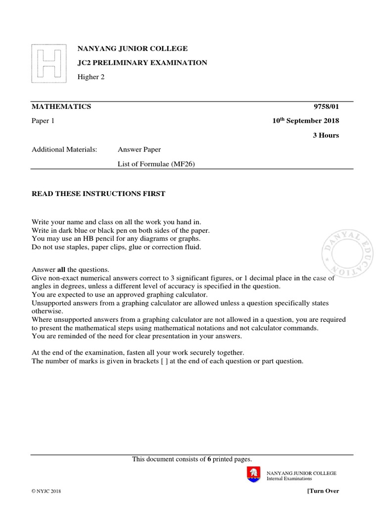 NYJC JC2 Math Preliminary Exam 2018 | PDF | Statistical Hypothesis ...