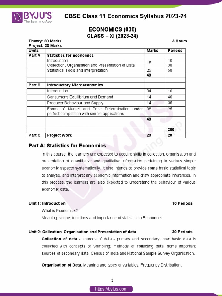 CBSE Class 11 Economics Syllabus 2023-24 | PDF | Supply (Economics ...