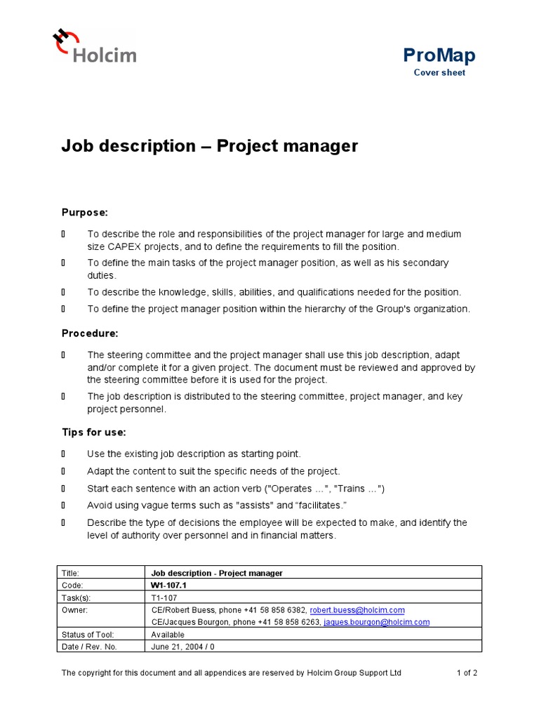 Job DescriptionProject Manager PDF Business