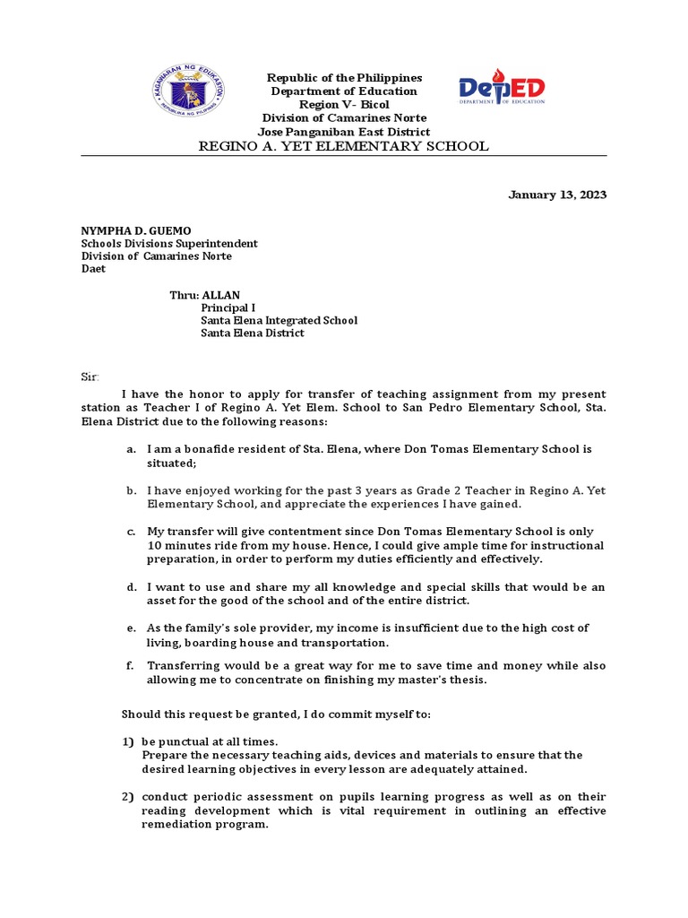 Transfer Application Letter Sir Jeric Pdf Teachers Cognitive Science