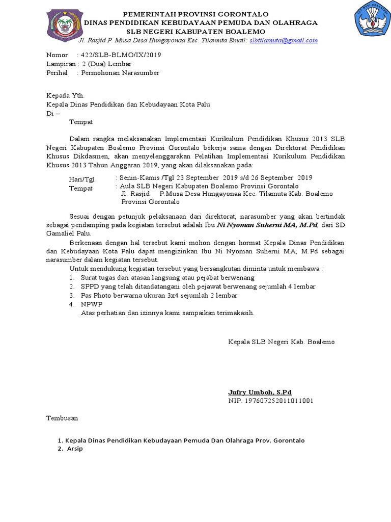 Surat Ke Dinas Pendidikan Dan Kebudayaan Kota Palu 1 Pdf