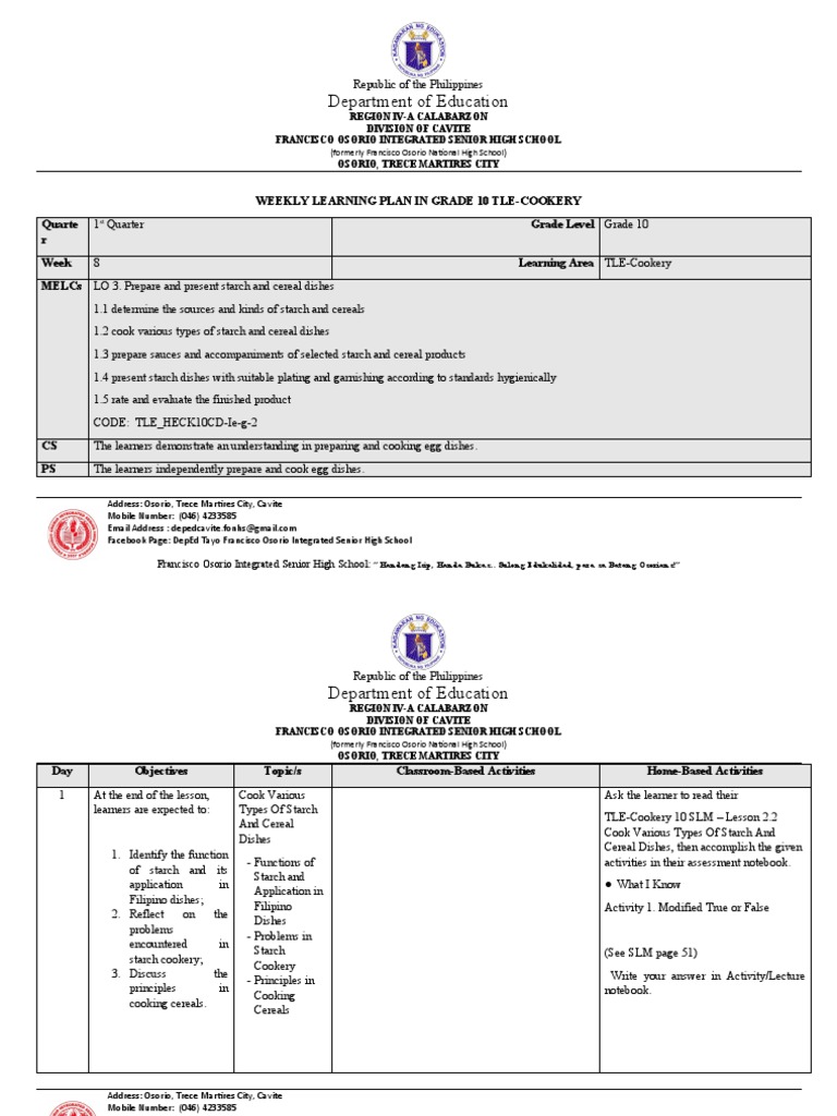 Grade 10 TLE Cookery Weekly Plan | PDF | Cooking | Learning