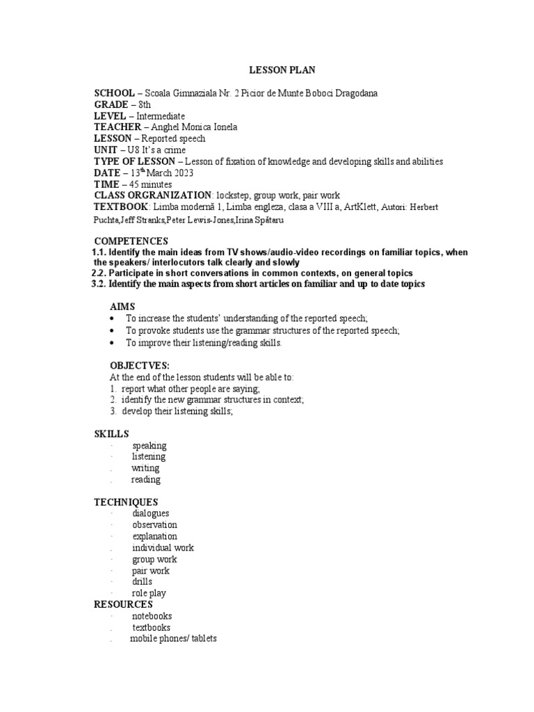 Reported Speech Lesson Plan for 8th Grade | PDF | Cognition | Cognitive ...
