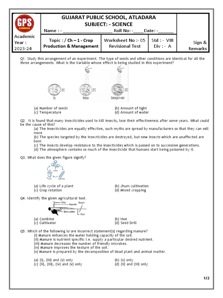 Class 8 Crop Production Worksheet | PDF | Soil | Fertilizer