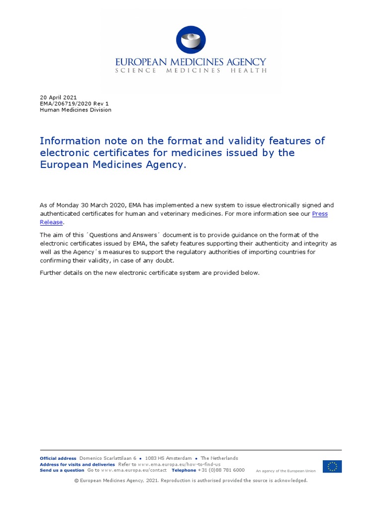 EMA Electronic Certificate Guidelines | PDF | Signature | Authentication