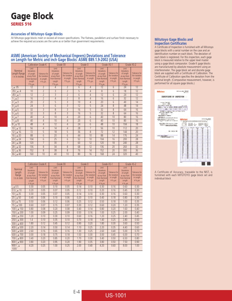 Mitutoyo Gage Block Accuracy and Specifications PDF Engineering