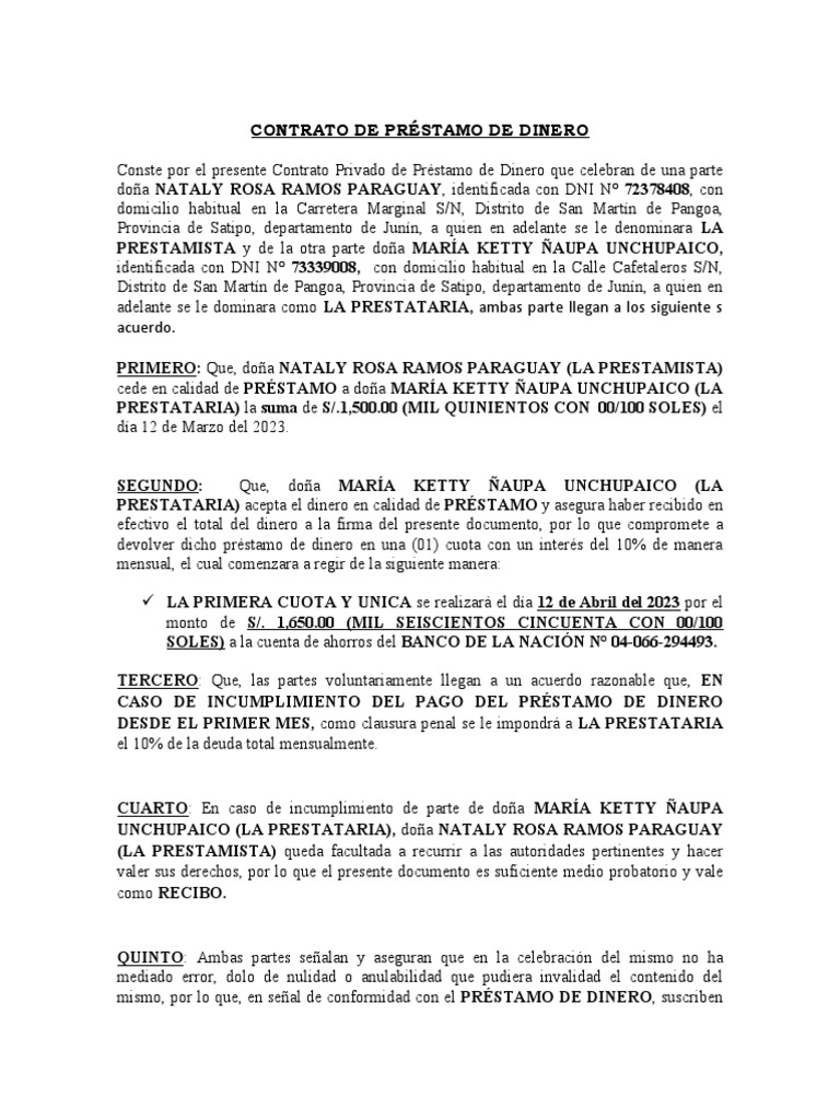 Contrato de Préstamo de Dinero en Paraguay | PDF | Dinero | Economias