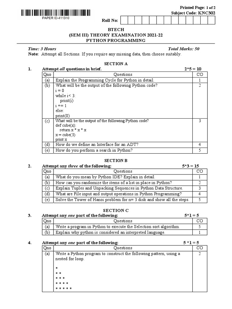 Btech NC 3 Sem Python Programming knc302 2022 | PDF | Python ...