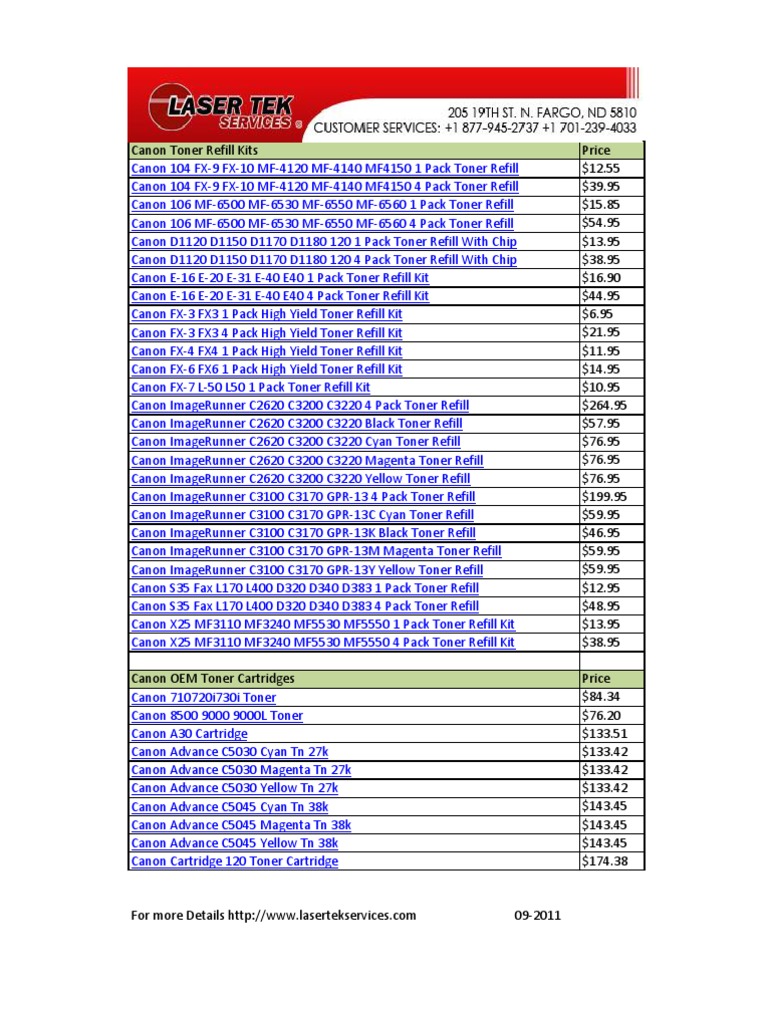 canon cartridge price list