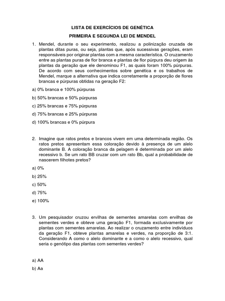 Lista De Exercícios De Genética Pdf Dominância Genética