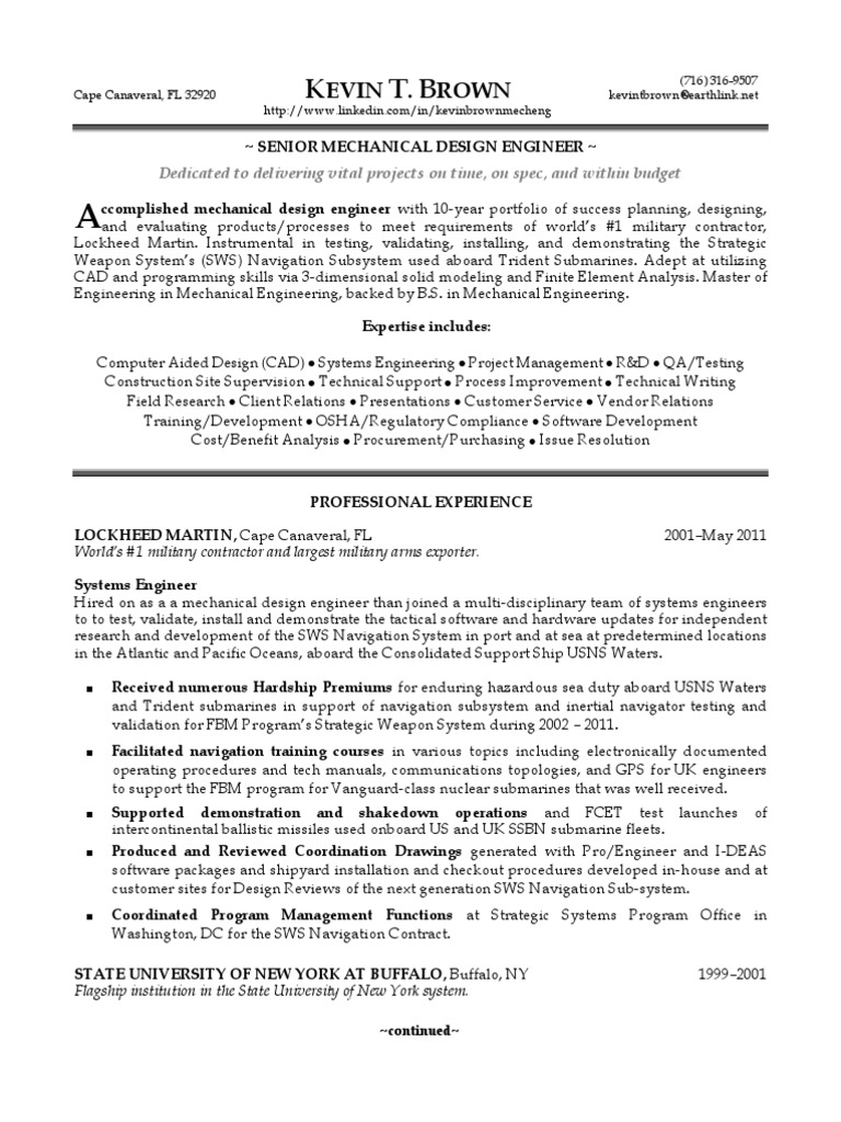 Senior Mechanical Design Engineer in Miami FT Lauderdale Orlando FL Resume Kevin Brown PDF