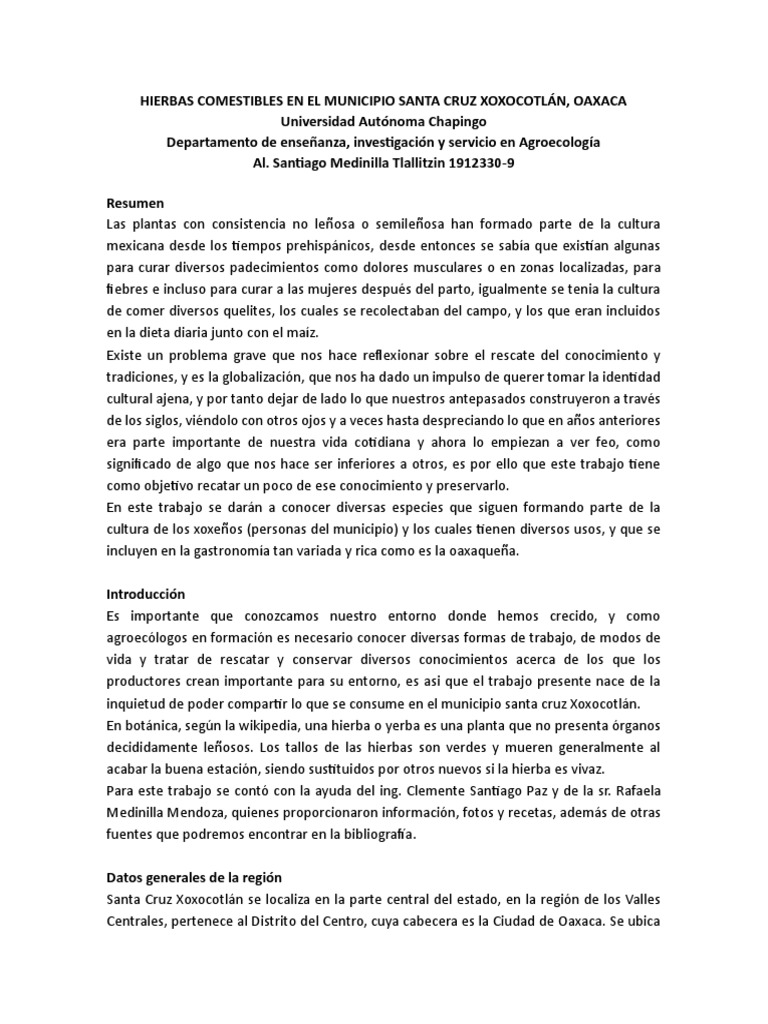 Plantas Comestibles en Xoxocotlán Oaxaca | PDF