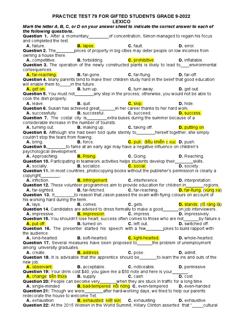 Practice Test 79 For Gifted Students Grade 9-2022 | PDF