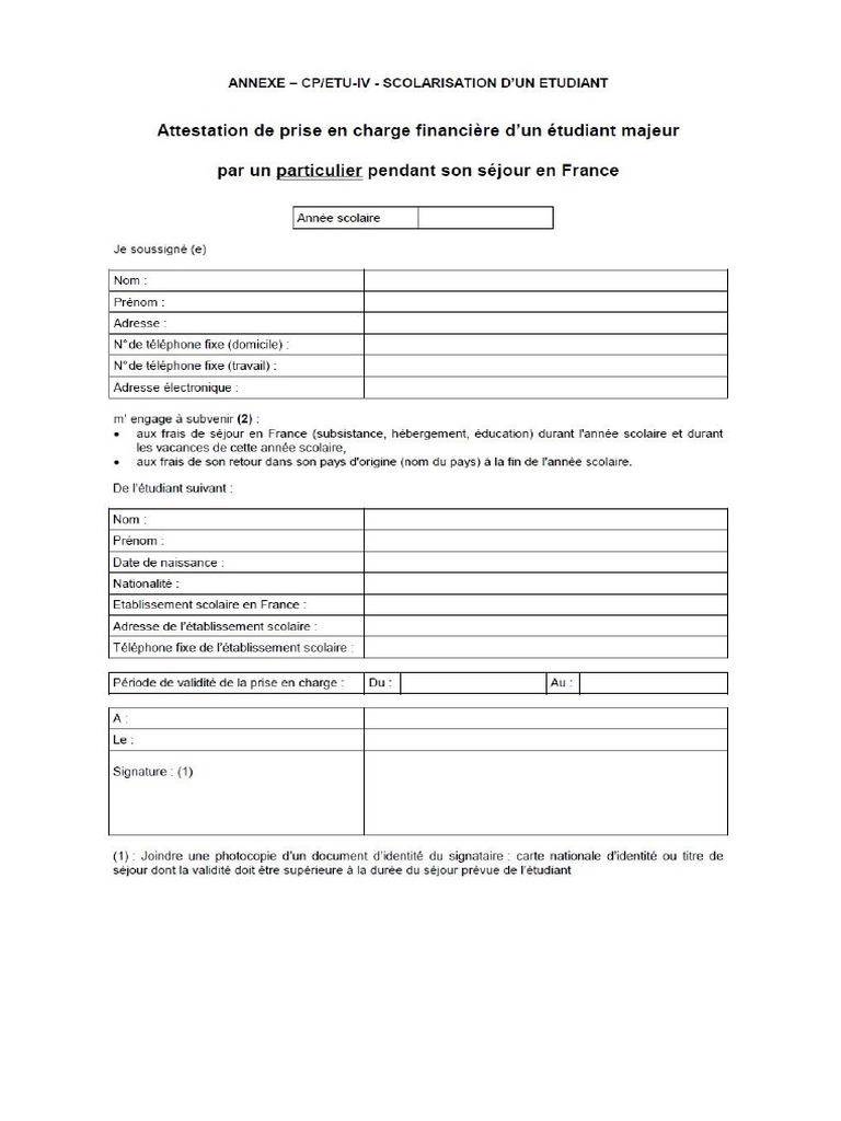 Attestation De Lien De Parente Et Prise En Charge Pdf