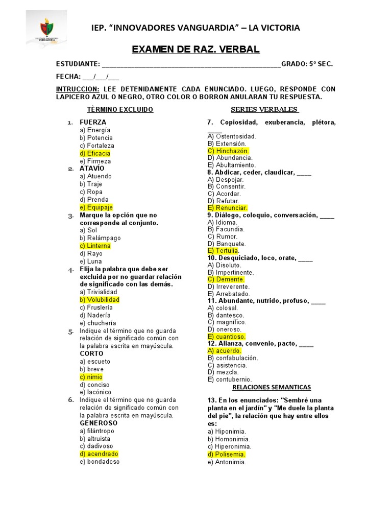 Ejercicios de Razonamiento Verbal | PDF | Artes del Lenguaje y Comunicación