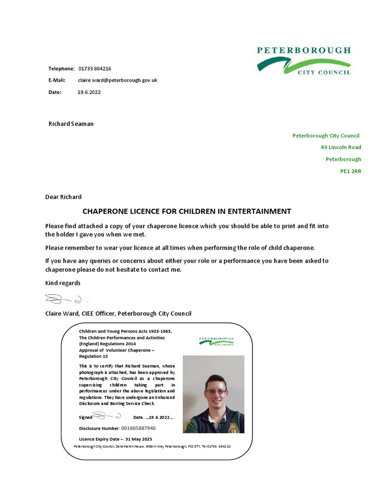 Chaperone Licence Confirmation Letter | PDF | Home & Garden
