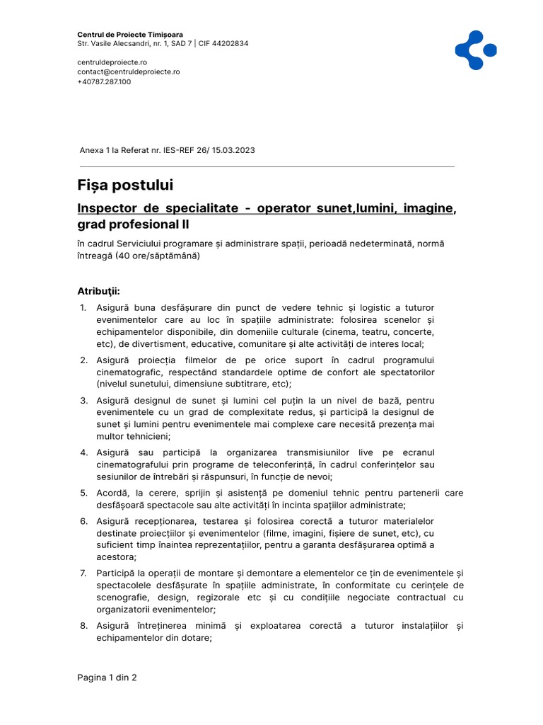 Fisa Post - Inspector de Specialitate Operator Sunet Lumini Imagine ...
