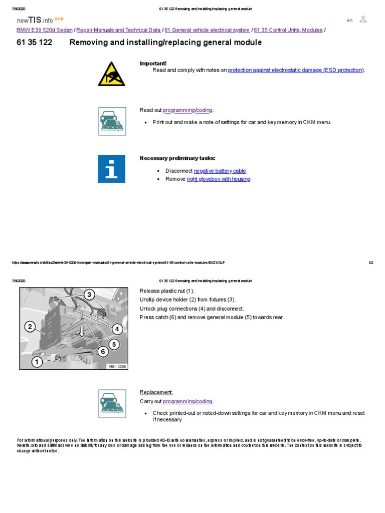 61 35 122 Removing and Installing - Replacing General Module | PDF ...