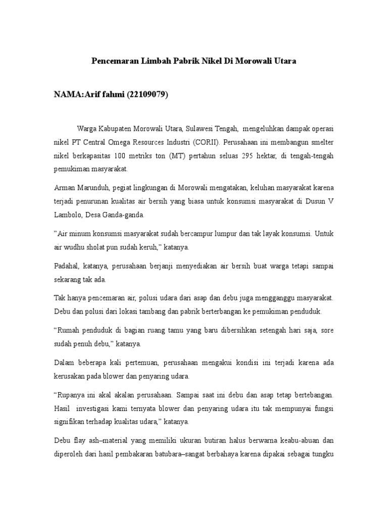 Pencemaran limbah pabrik nikel di morowali utara fami pdf griya