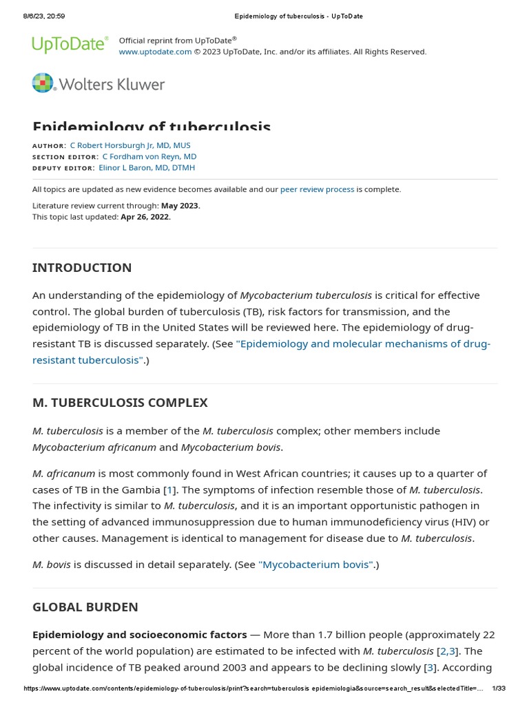 Epidemiology of Tuberculosis UpToDate PDF Tuberculosis Hiv/Aids