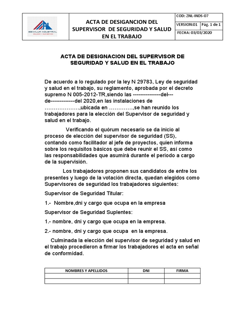 Acta de Designacion Del Supervisor de Seguridad y Salud en El Trabajo | PDF